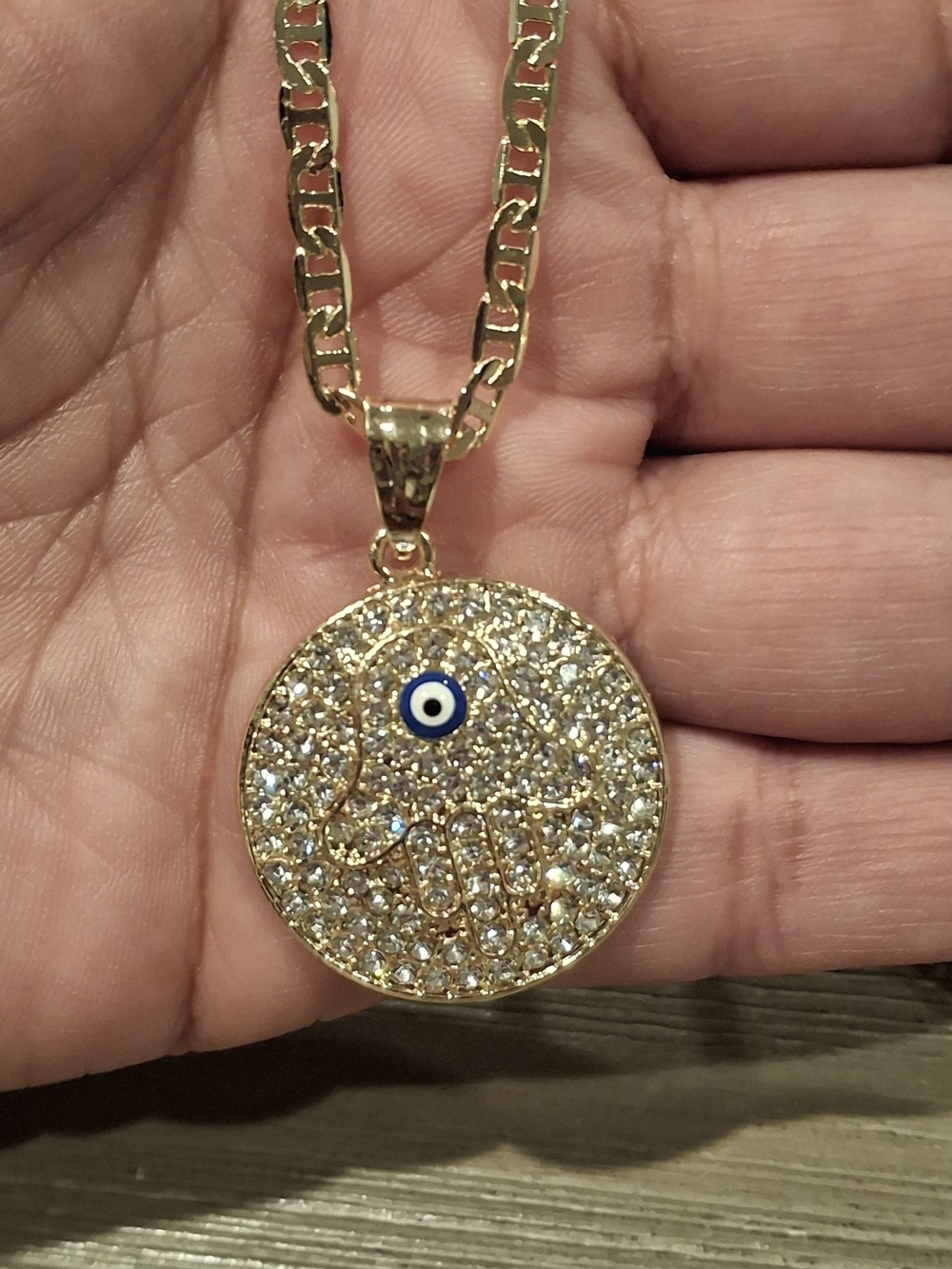 Gold Tone Pave Hamsa Disc Pendant Necklace with Blue Eye